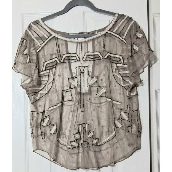 Free People womens medium beaded sheer blouse dark boho romantic - Picture 2 of 8